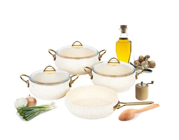 7 pc Nonstick Cookware Set, Non-Toxic Pots, Pans, Oven, Utensils - Gold Granite