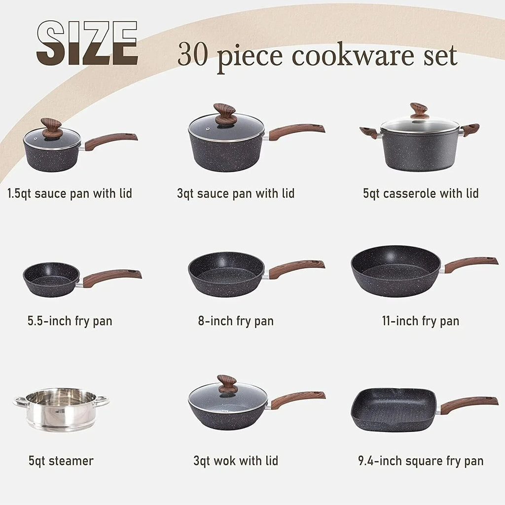30-Piece Nonstick Induction Cooking Kitchen Cookware Sets Granite Pots and Pans