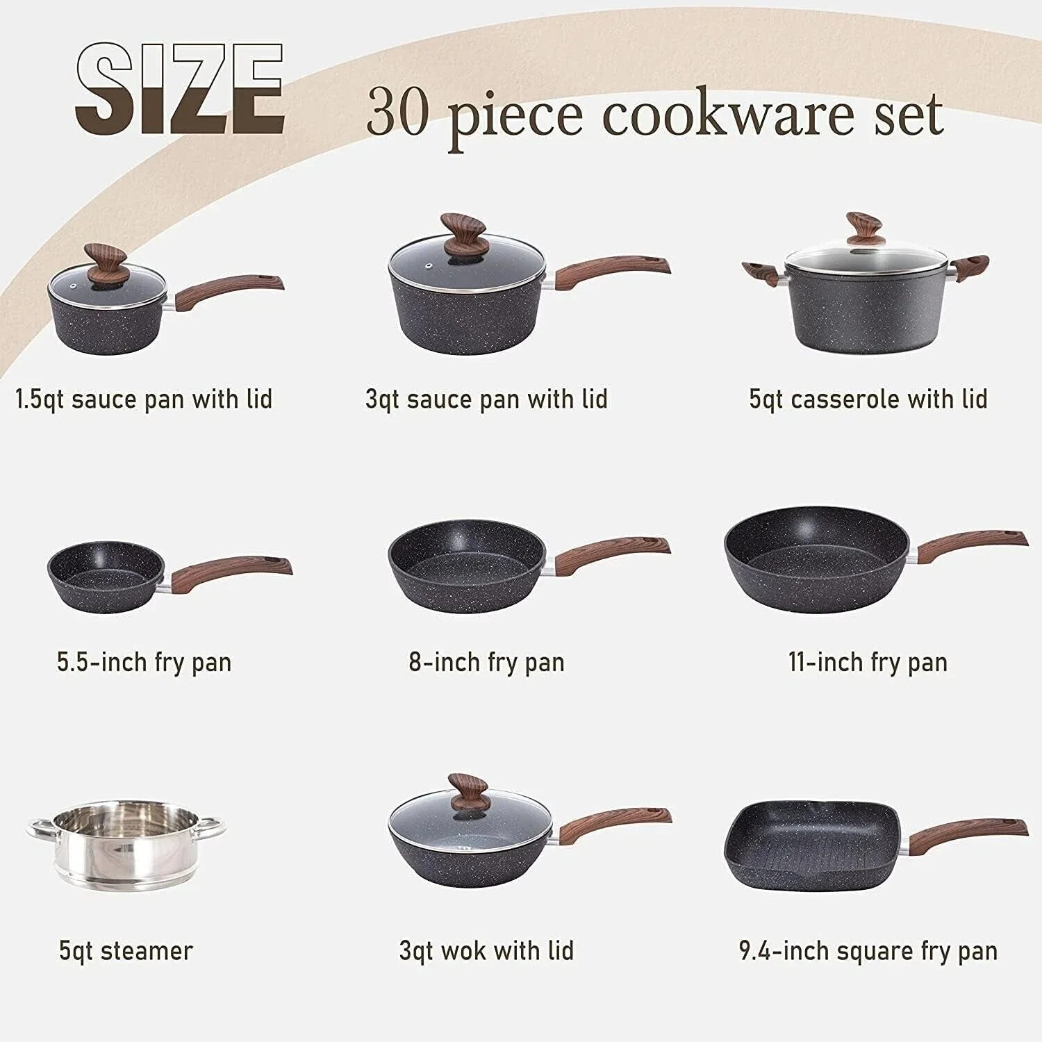 30-Piece Nonstick Induction Cooking Kitchen Cookware Sets Granite Pots and Pans