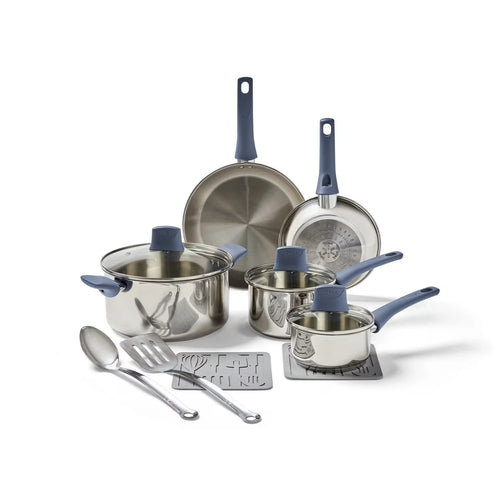 12 Piece Pots and Pans Cookware Set, Ocean Blue Handles